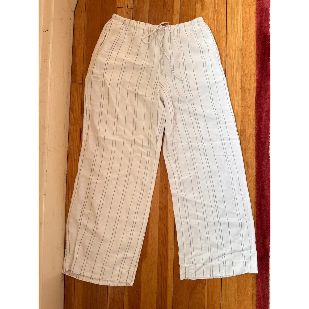 H&M Women White Striped Linen Blend Wide Leg Drawstring Pants Size S
